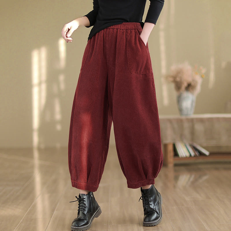 Pantalon sarouel en velours côtelé uni avec poches et ceinture élastique Buddha Stones pour femme - image 16
