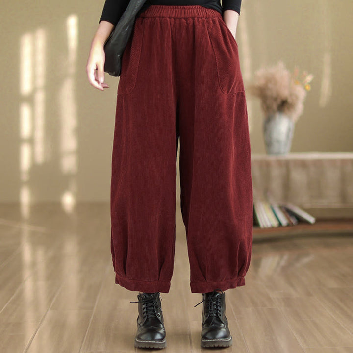 Pantalon sarouel en velours côtelé uni avec poches et ceinture élastique Buddha Stones pour femme - image 13