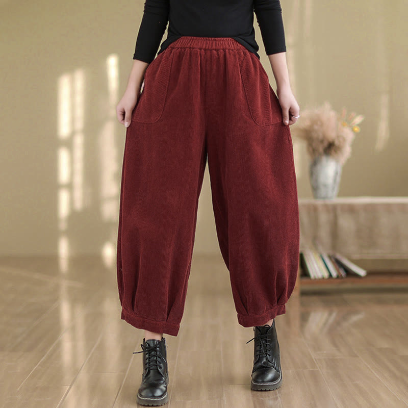 Pantalon sarouel en velours côtelé uni avec poches et ceinture élastique Buddha Stones pour femme - image 14