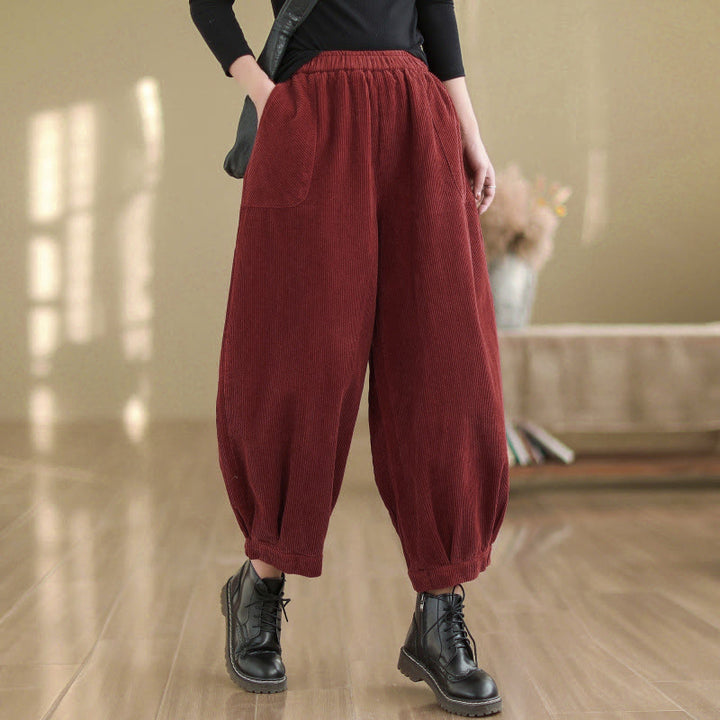 Pantalon sarouel en velours côtelé uni avec poches et ceinture élastique Buddha Stones pour femme - Brique réfractaire - US8-10，UK/AU12-14，EU40-42 (2XL) - image 12