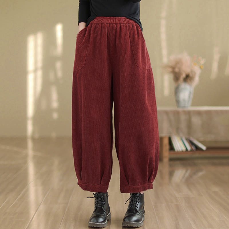 Pantalon sarouel en velours côtelé uni avec poches et ceinture élastique Buddha Stones pour femme - image 15