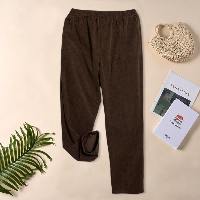 Pantalon en velours côtelé uni Buddha Stones pour femme, avec poches - image 4