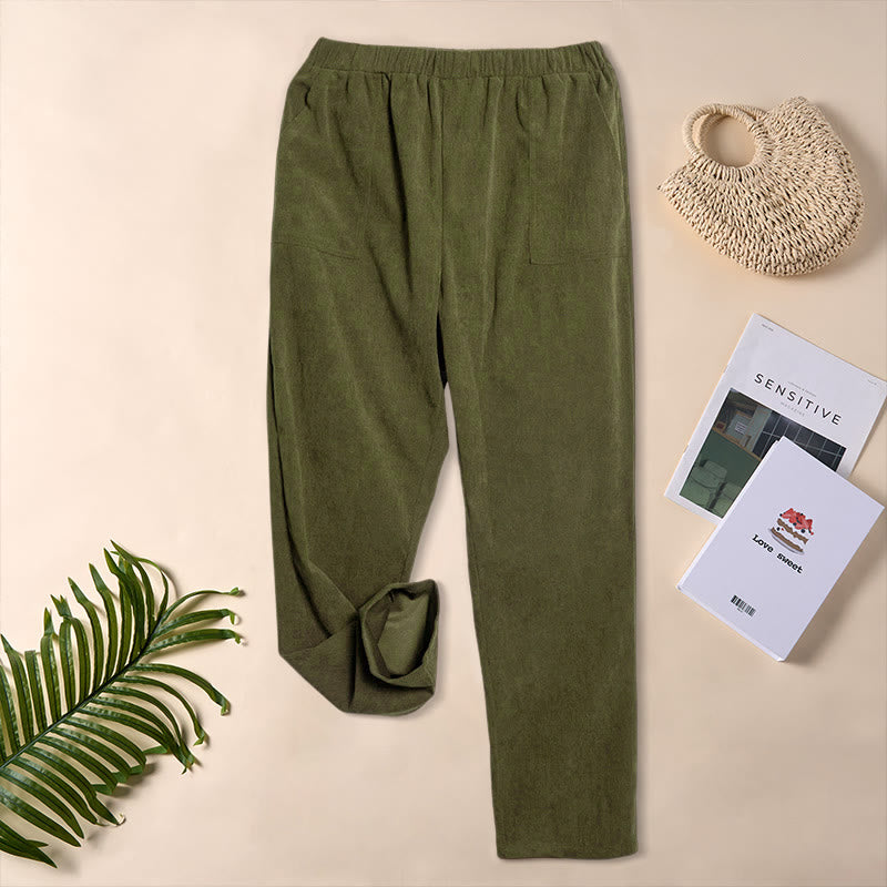 Pantalon en velours côtelé uni Buddha Stones pour femme, avec poches - Vert olive - US16，UK/AU20，EU48 (3XL) - image 23