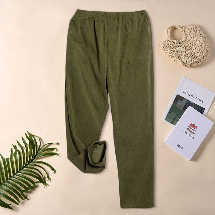 Pantalon en velours côtelé uni Buddha Stones pour femme, avec poches - Vert olive - US16，UK/AU20，EU48 (3XL) - image 23