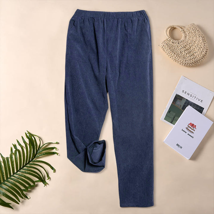 Pantalon en velours côtelé uni Buddha Stones pour femme, avec poches - Bleu foncé - US16，UK/AU20，EU48 (3XL) - image 21