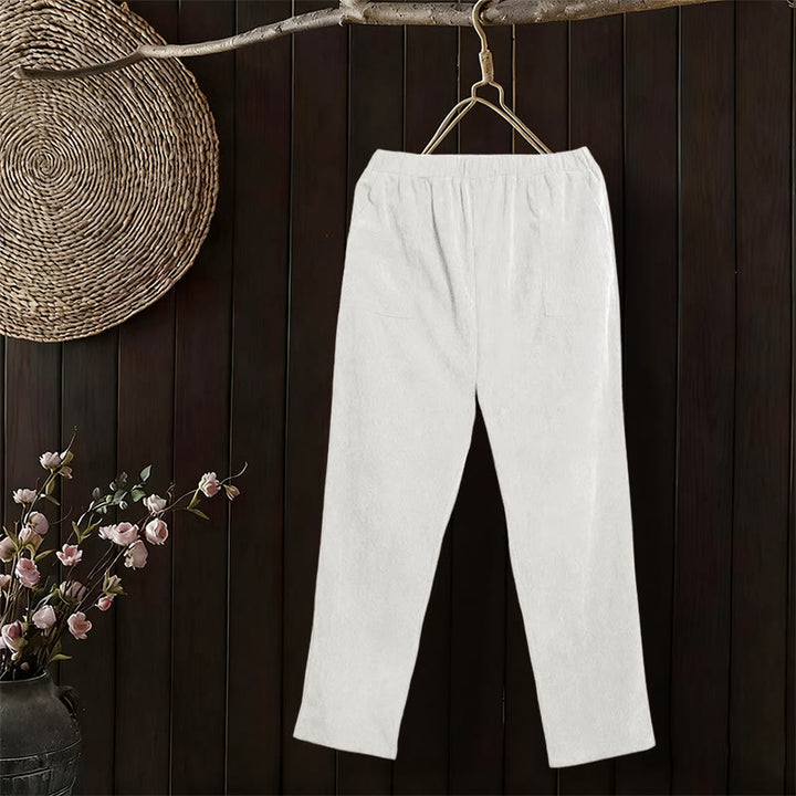 Pantalon en velours côtelé uni Buddha Stones pour femme, avec poches - Blanc - US16，UK/AU20，EU48 (3XL) - image 9