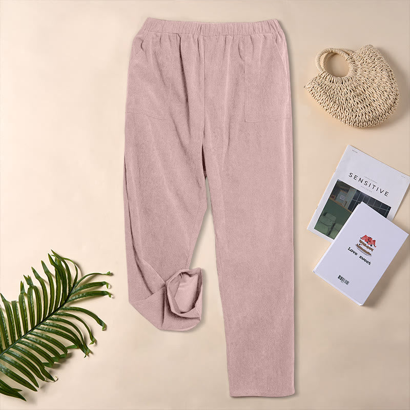 Pantalon en velours côtelé uni Buddha Stones pour femme, avec poches - Rose clair - US16，UK/AU20，EU48 (3XL) - image 25