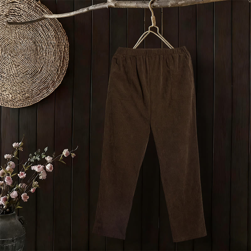 Pantalon en velours côtelé uni Buddha Stones pour femme, avec poches - SaddleBrown - US16，UK/AU20，EU48 (3XL) - image 0