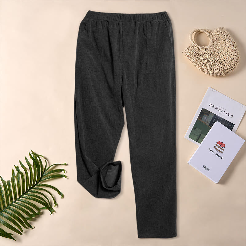 Pantalon en velours côtelé uni Buddha Stones pour femme, avec poches - Noir - US16，UK/AU20，EU48 (3XL) - image 13