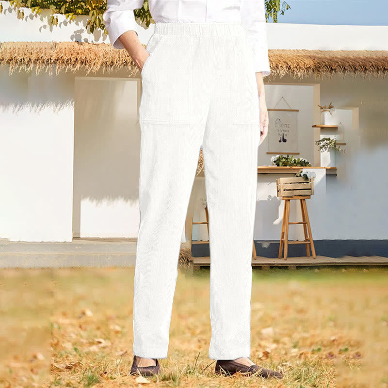 Pantalon en velours côtelé uni Buddha Stones pour femme, avec poches - Blanc - US16，UK/AU20，EU48 (3XL) - image 10