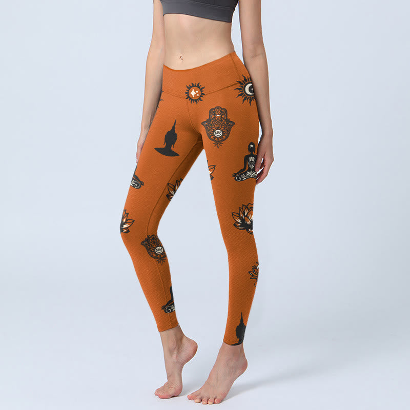 Buddha Stones Leggings de sport pour femmes avec motif main de Hamsa, lotus et soleil - Chocolat - US18，UK/AU22，EU50 (4XL) - image 0