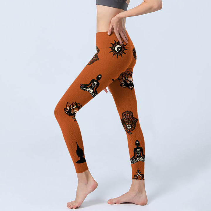 Buddha Stones Leggings de sport pour femmes avec motif main de Hamsa, lotus et soleil - image 2