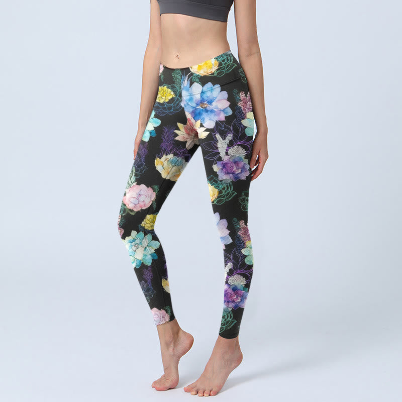 Buddha Stones Leggings de sport pour femmes avec imprimé floral aquarelle coloré, pantalon de yoga - Noir - US18，UK/AU22，EU50 (4XL) - image 0