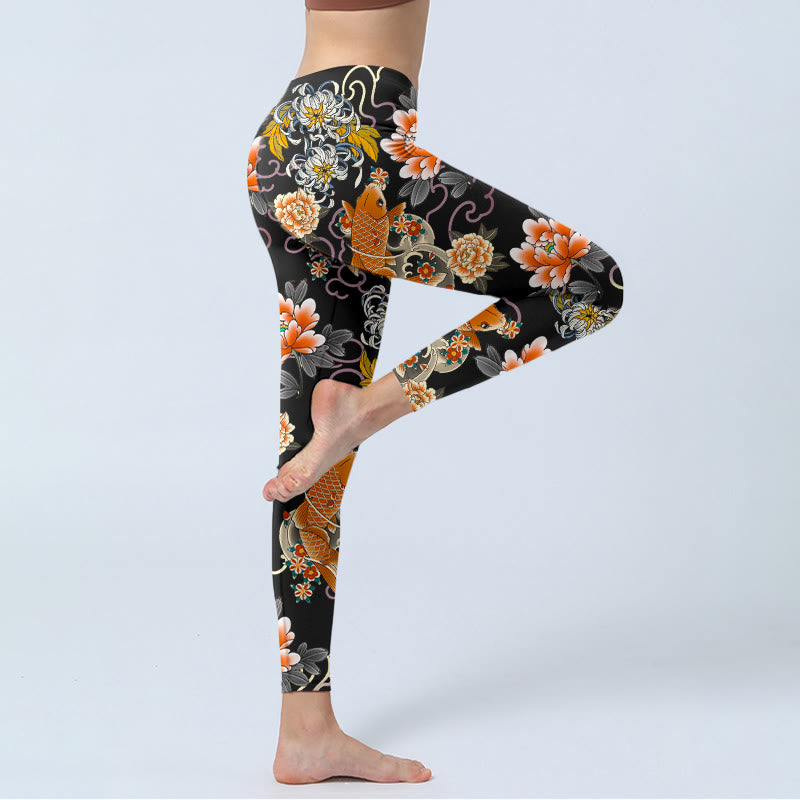 Buddha Stones Leggings de sport pour femmes avec imprimé de carpes koï, pivoines, chrysanthèmes et nuages. - image 3