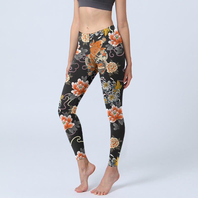 Buddha Stones Leggings de sport pour femmes avec imprimé de carpes koï, pivoines, chrysanthèmes et nuages. - Noir - US18，UK/AU22，EU50 (4XL) - image 0