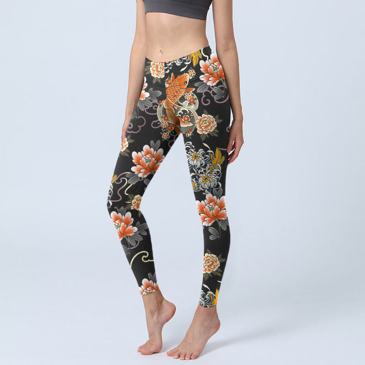 Buddha Stones Leggings de sport pour femmes avec imprimé de carpes koï, pivoines, chrysanthèmes et nuages. - Noir - US18，UK/AU22，EU50 (4XL) - image 0