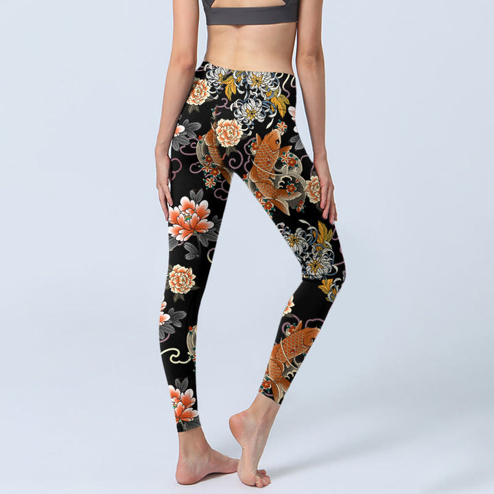 Buddha Stones Leggings de sport pour femmes avec imprimé de carpes koï, pivoines, chrysanthèmes et nuages. - image 4
