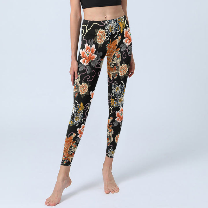 Buddha Stones Leggings de sport pour femmes avec imprimé de carpes koï, pivoines, chrysanthèmes et nuages. - image 5
