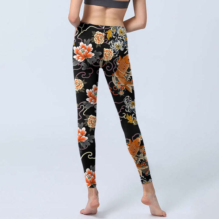 Buddha Stones Leggings de sport pour femmes avec imprimé de carpes koï, pivoines, chrysanthèmes et nuages. - image 6