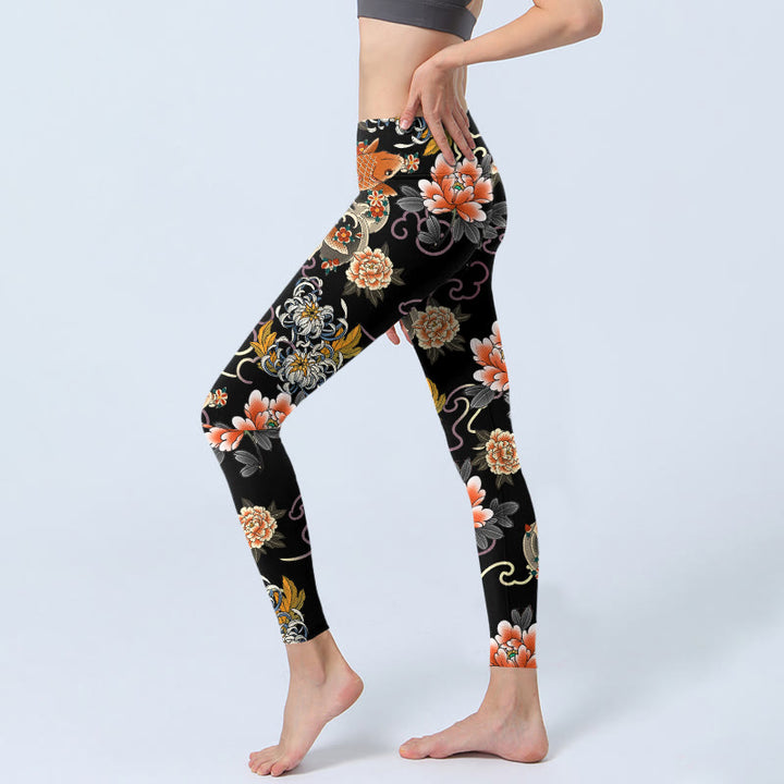 Buddha Stones Leggings de sport pour femmes avec imprimé de carpes koï, pivoines, chrysanthèmes et nuages. - image 2