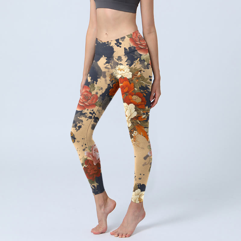 Buddha Stones Leggings de sport pour femmes, imprimé pivoines et chrysanthèmes style peinture à l'encre, pantalon de yoga - Blé - US18，UK/AU22，EU50 (4XL) - image 0