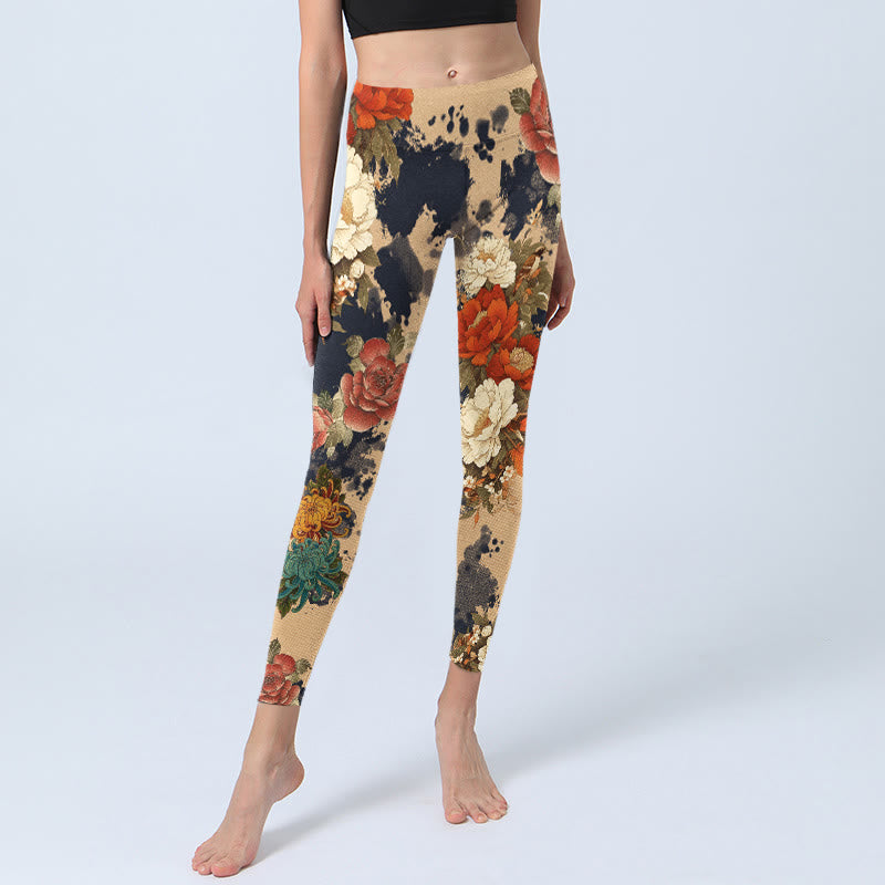 Buddha Stones Leggings de sport pour femmes, imprimé pivoines et chrysanthèmes style peinture à l'encre, pantalon de yoga - image 5