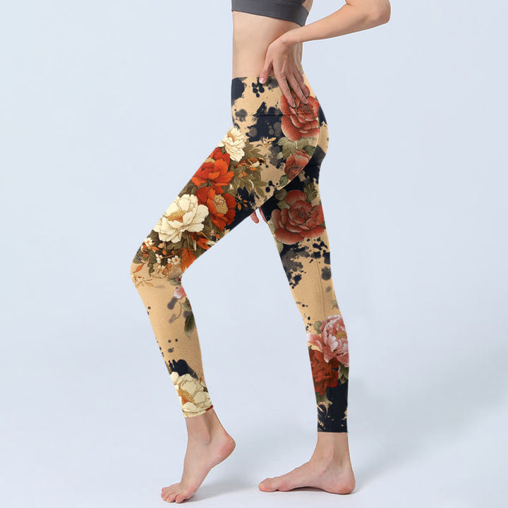 Buddha Stones Leggings de sport pour femmes, imprimé pivoines et chrysanthèmes style peinture à l'encre, pantalon de yoga - image 2
