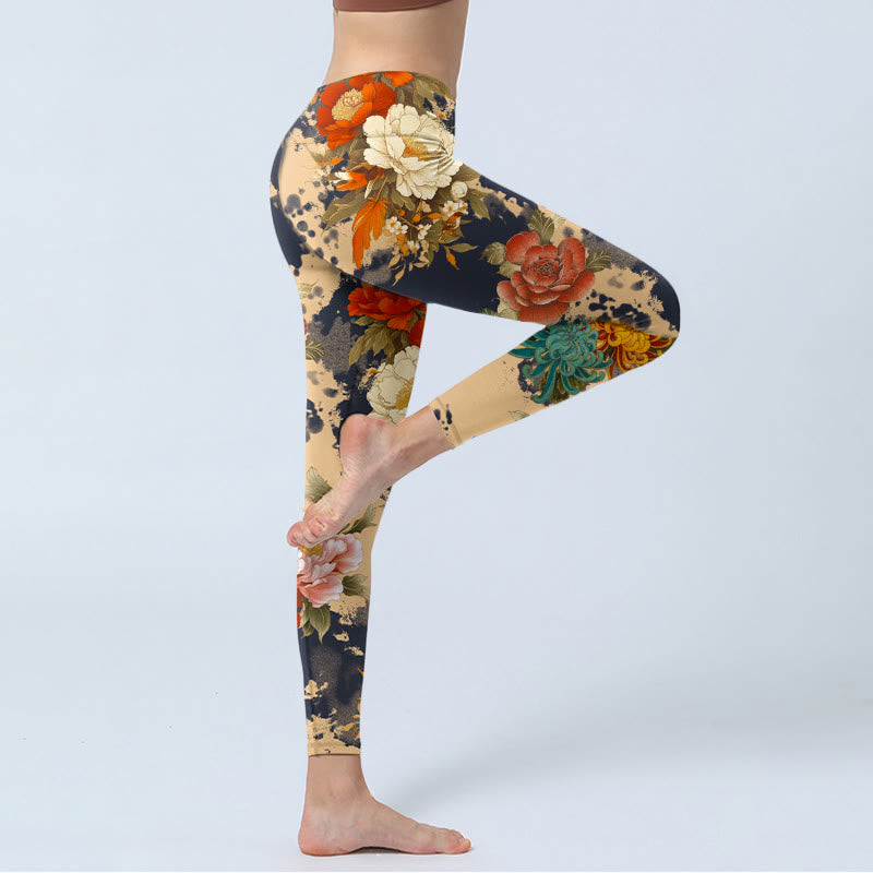 Buddha Stones Leggings de sport pour femmes, imprimé pivoines et chrysanthèmes style peinture à l'encre, pantalon de yoga - image 3