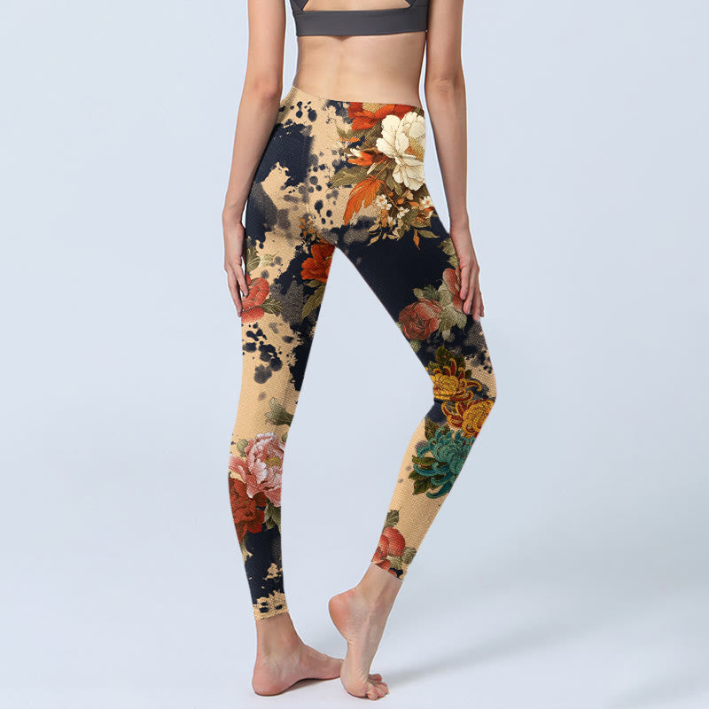 Buddha Stones Leggings de sport pour femmes, imprimé pivoines et chrysanthèmes style peinture à l'encre, pantalon de yoga - image 4