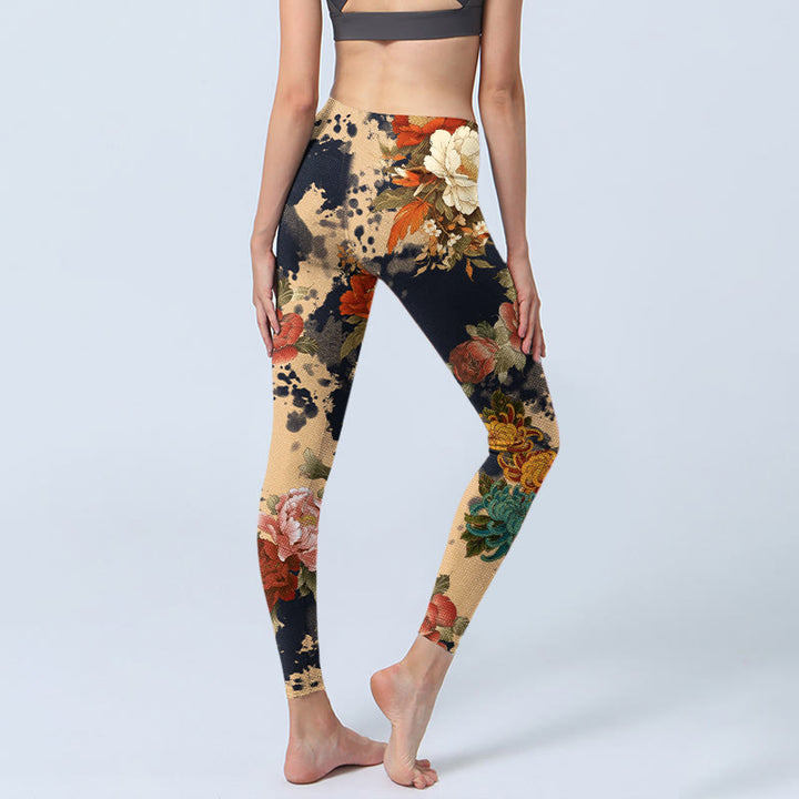 Buddha Stones Leggings de sport pour femmes, imprimé pivoines et chrysanthèmes style peinture à l'encre, pantalon de yoga - image 4