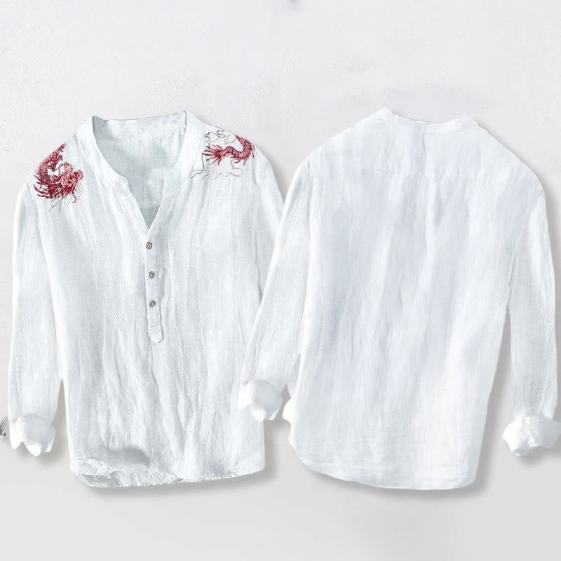 Chemise à manches longues en coton et lin pour homme, motif dragon rouge et Buddha Stones , demi-boutons - image 5