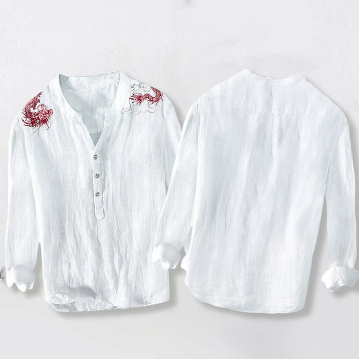 Chemise à manches longues en coton et lin pour homme, motif dragon rouge et Buddha Stones , demi-boutons - image 5