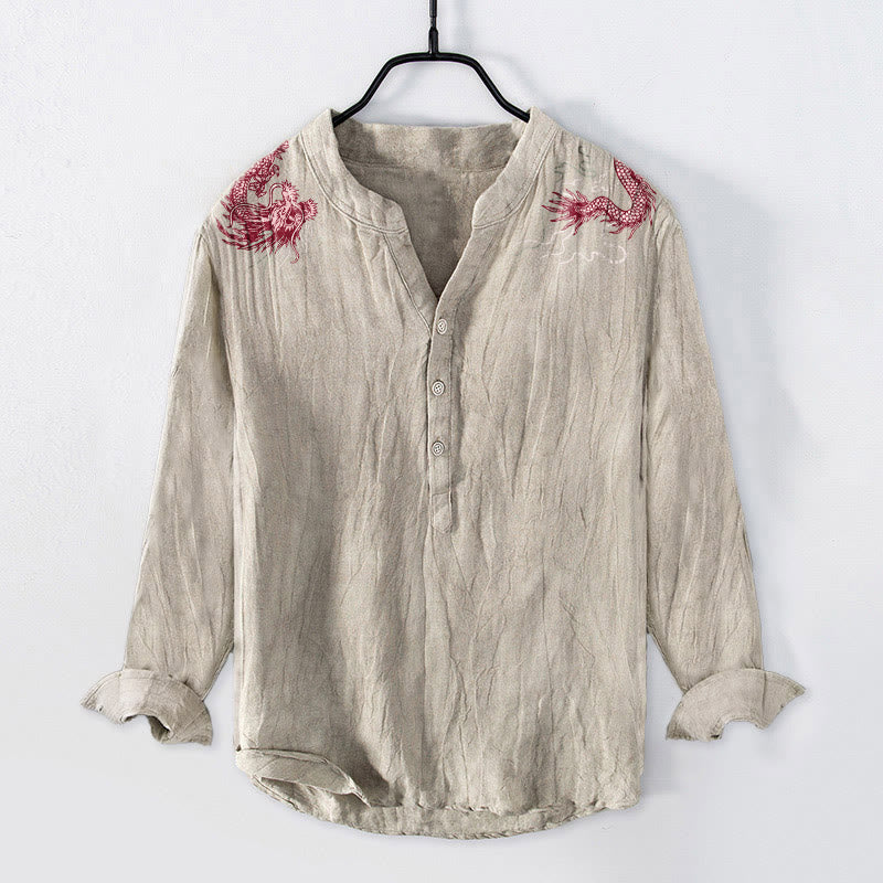 Chemise à manches longues en coton et lin pour homme, motif dragon rouge et Buddha Stones , demi-boutons - Lin - US/UK/AU50，EU60 (5XL) - image 6