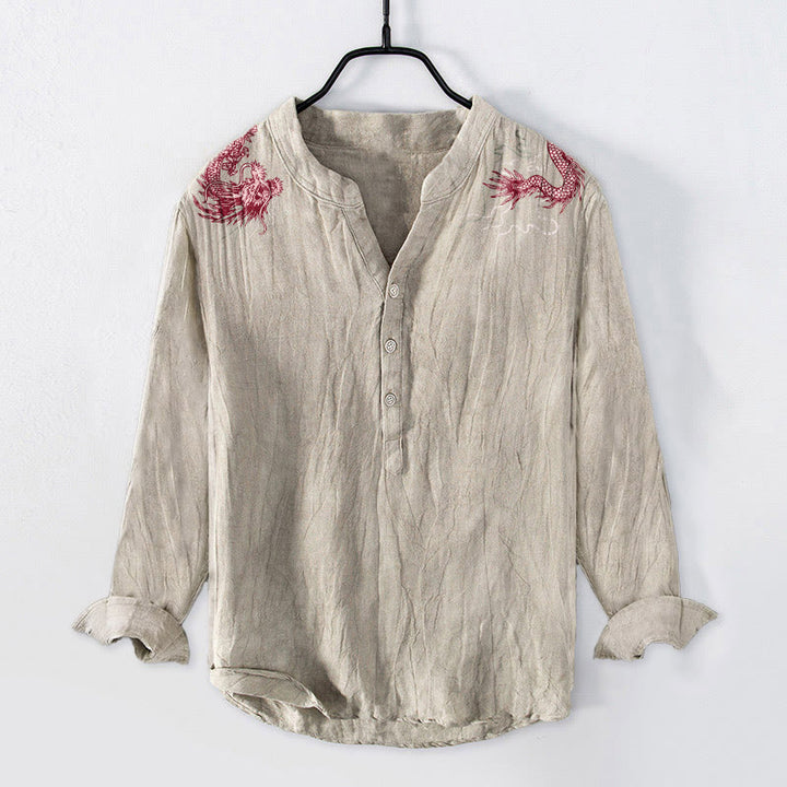 Chemise à manches longues en coton et lin pour homme, motif dragon rouge et Buddha Stones , demi-boutons - Lin - US/UK/AU50，EU60 (5XL) - image 6