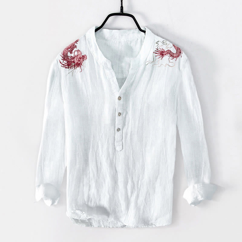 Chemise à manches longues en coton et lin pour homme, motif dragon rouge et Buddha Stones , demi-boutons - Blanc - US/UK/AU50，EU60 (5XL) - image 3