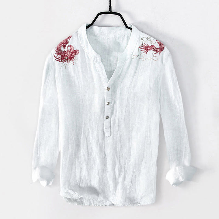 Chemise à manches longues en coton et lin pour homme, motif dragon rouge et Buddha Stones , demi-boutons - Blanc - US/UK/AU50，EU60 (5XL) - image 3