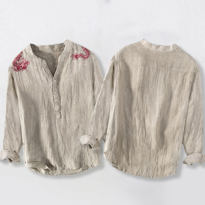 Chemise à manches longues en coton et lin pour homme, motif dragon rouge et Buddha Stones , demi-boutons - image 8