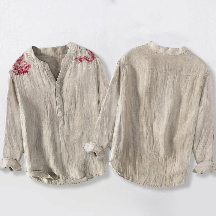 Chemise à manches longues en coton et lin pour homme, motif dragon rouge et Buddha Stones , demi-boutons - image 8