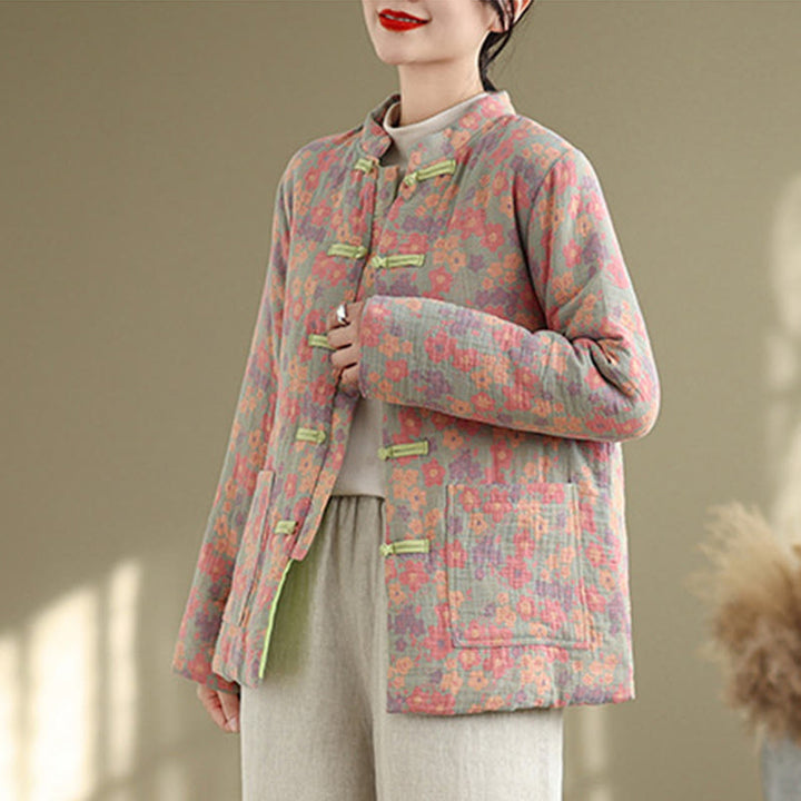 Veste d'hiver pour femme Buddha Stones en coton épais à manches longues et poches, motif floral. - image 3