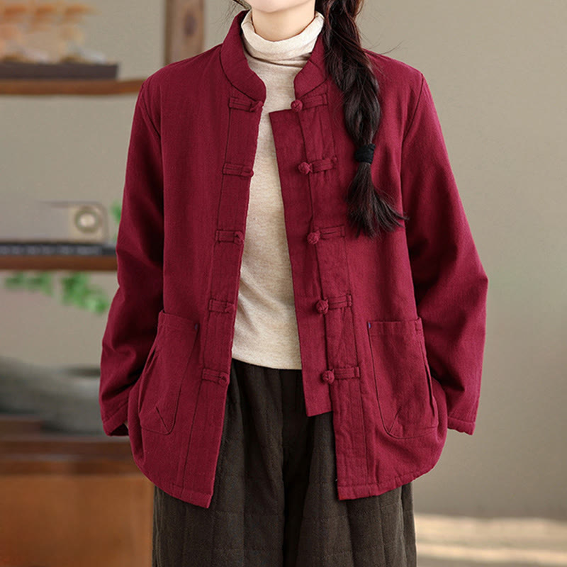 Veste thermique à manches longues pour femme Buddha Stones, en coton uni rembourré, avec boutons et poches - image 1