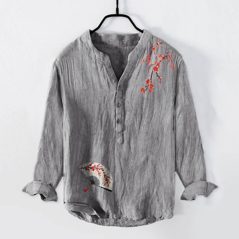 Chemise à manches longues en coton et lin pour homme, motif éventail pliable, demi-boutons, Buddha Stones et fleurs de prunier - Gris - US/UK/AU50，EU60 (5XL) - image 3