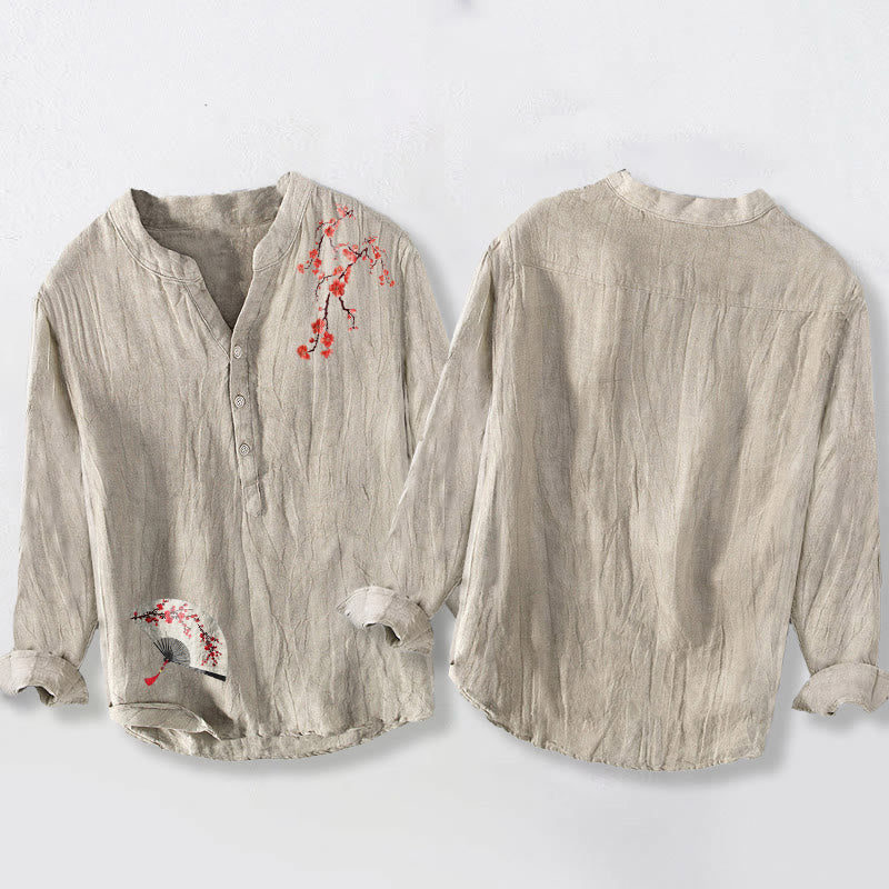 Chemise à manches longues en coton et lin pour homme, motif éventail pliable, demi-boutons, Buddha Stones et fleurs de prunier - image 2