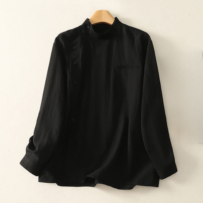 Chemise en coton à manches longues pour femme, ornée de Buddha Stones, col montant et boutons grenouille chinois, design simple. - Noir - US8-10，UK/AU12-14，EU40-42 (2XL) - image 11