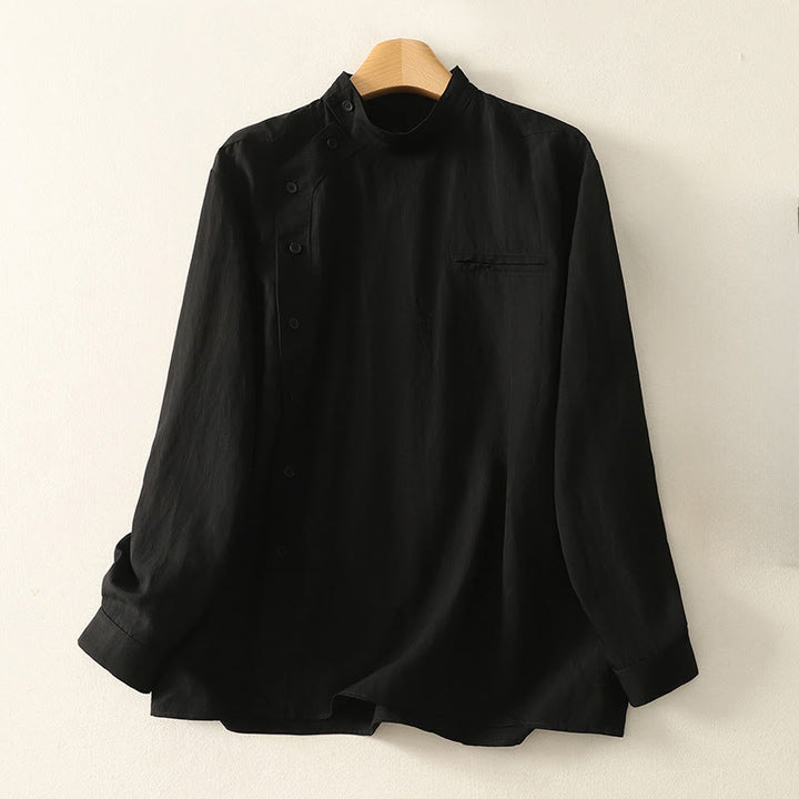 Chemise en coton à manches longues pour femme, ornée de Buddha Stones, col montant et boutons grenouille chinois, design simple. - Noir - US8-10，UK/AU12-14，EU40-42 (2XL) - image 11