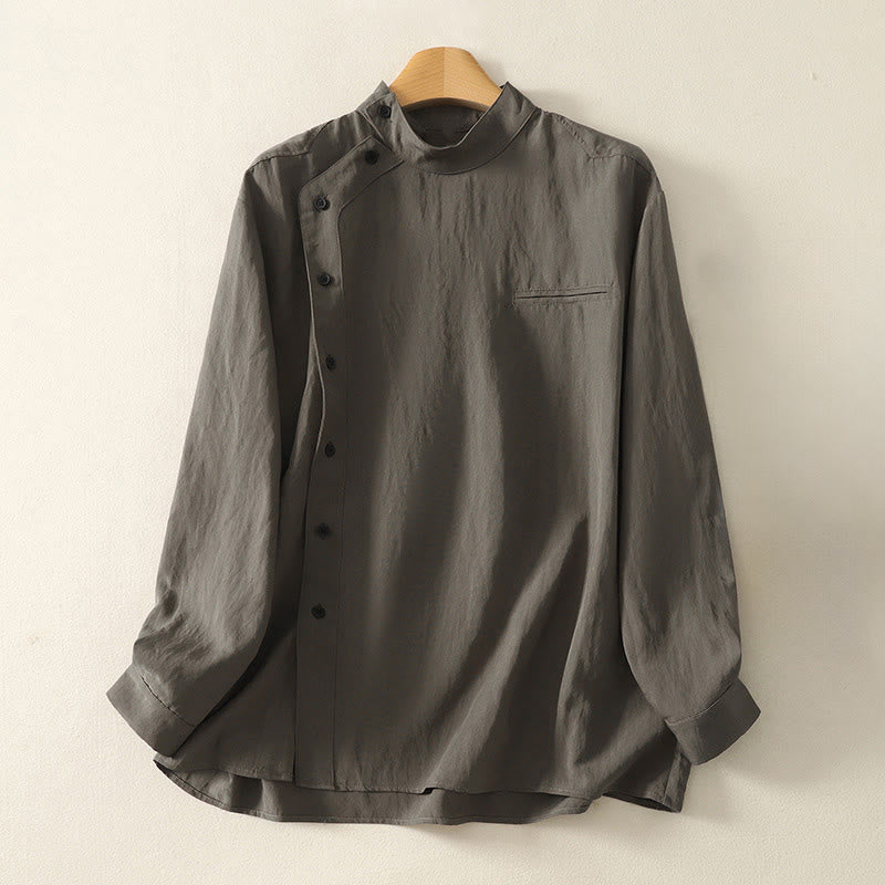 Chemise en coton à manches longues pour femme, ornée de Buddha Stones, col montant et boutons grenouille chinois, design simple. - Gris foncé - US8-10，UK/AU12-14，EU40-42 (2XL) - image 0