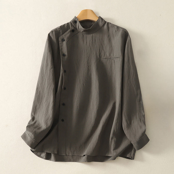 Chemise en coton à manches longues pour femme, ornée de Buddha Stones, col montant et boutons grenouille chinois, design simple. - Gris foncé - US8-10，UK/AU12-14，EU40-42 (2XL) - image 0