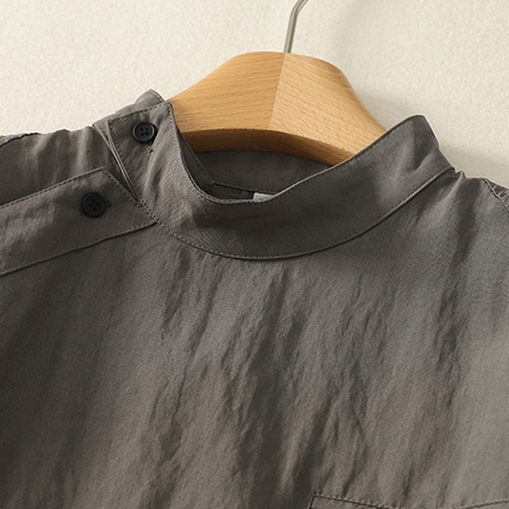 Chemise en coton à manches longues pour femme, ornée de Buddha Stones, col montant et boutons grenouille chinois, design simple. - image 2