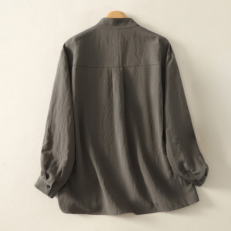 Chemise en coton à manches longues pour femme, ornée de Buddha Stones, col montant et boutons grenouille chinois, design simple. - image 1