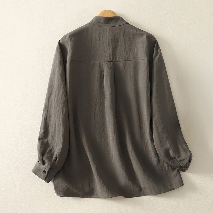 Chemise en coton à manches longues pour femme, ornée de Buddha Stones, col montant et boutons grenouille chinois, design simple. - image 1