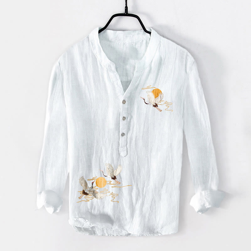 Chemise à manches longues pour homme en coton et lin, motif grue et soleil doré, avec demi-boutons et Buddha Stones - Blanc - US/UK/AU50，EU60 (5XL) - image 3